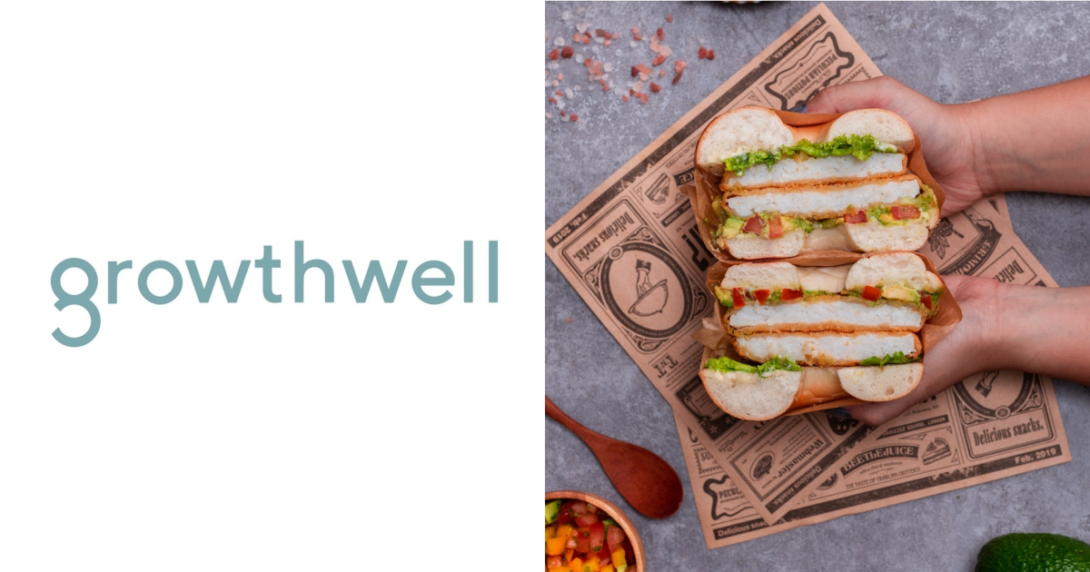 Collage of Growthwell logo and Double crab patty burger