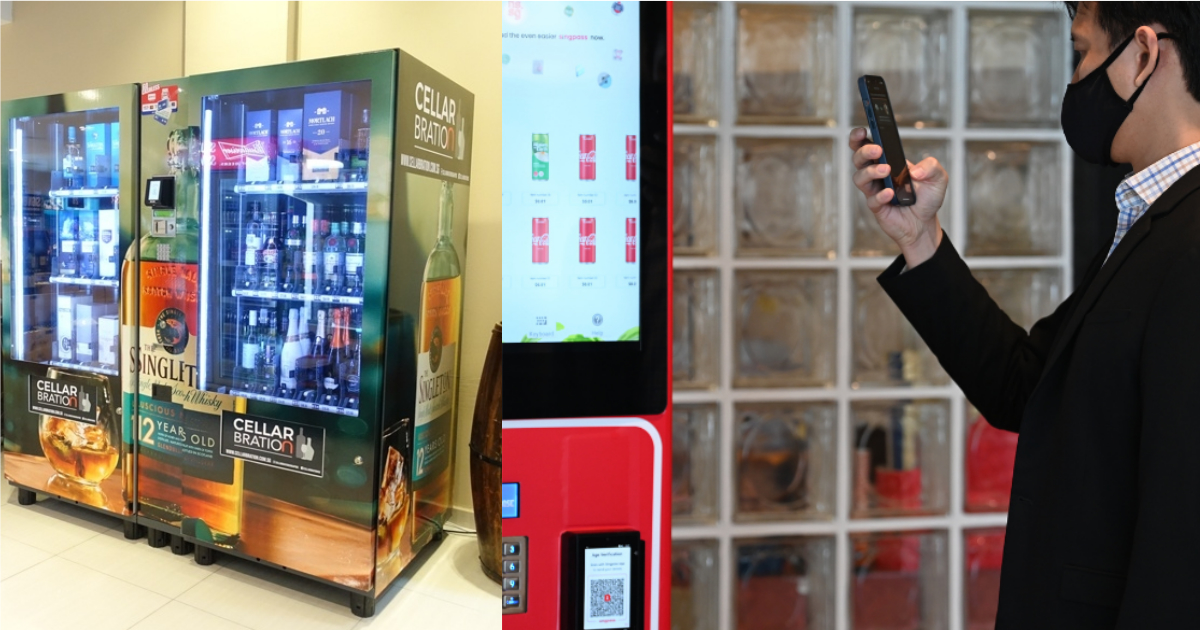 Collage of Cellabration vending machine and person scanning Singpass