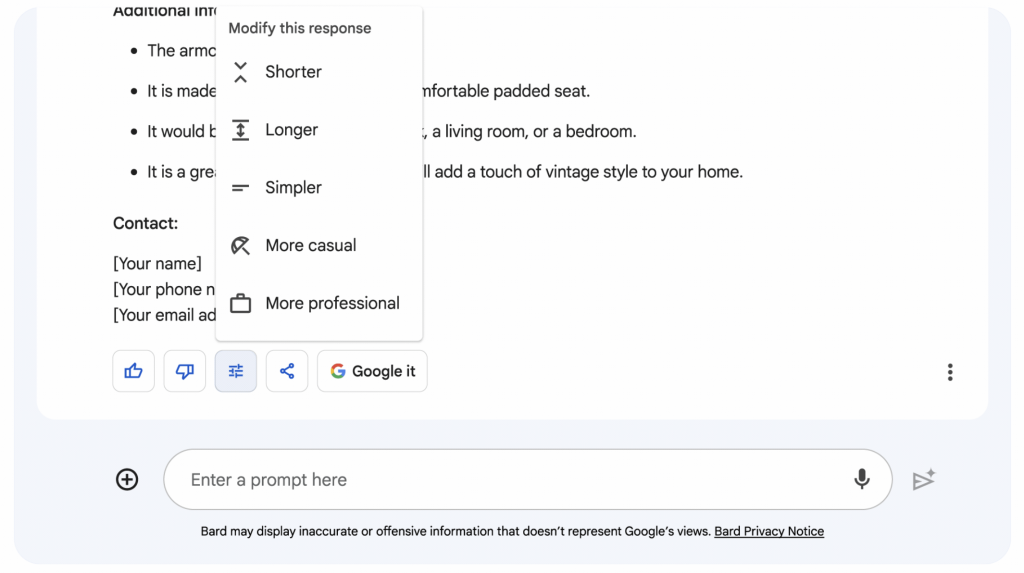 Google Bard modify response