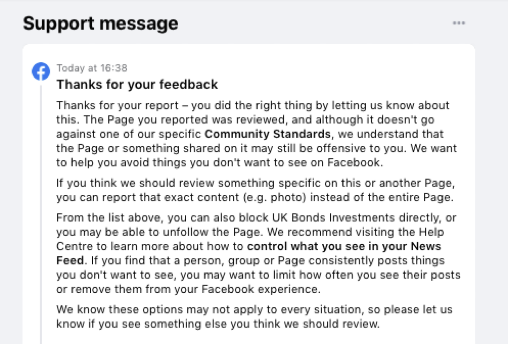 facebook support message