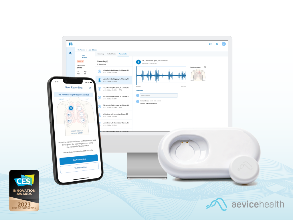AeviceMD wearable stethoscope, mobile app and virtual care monitor