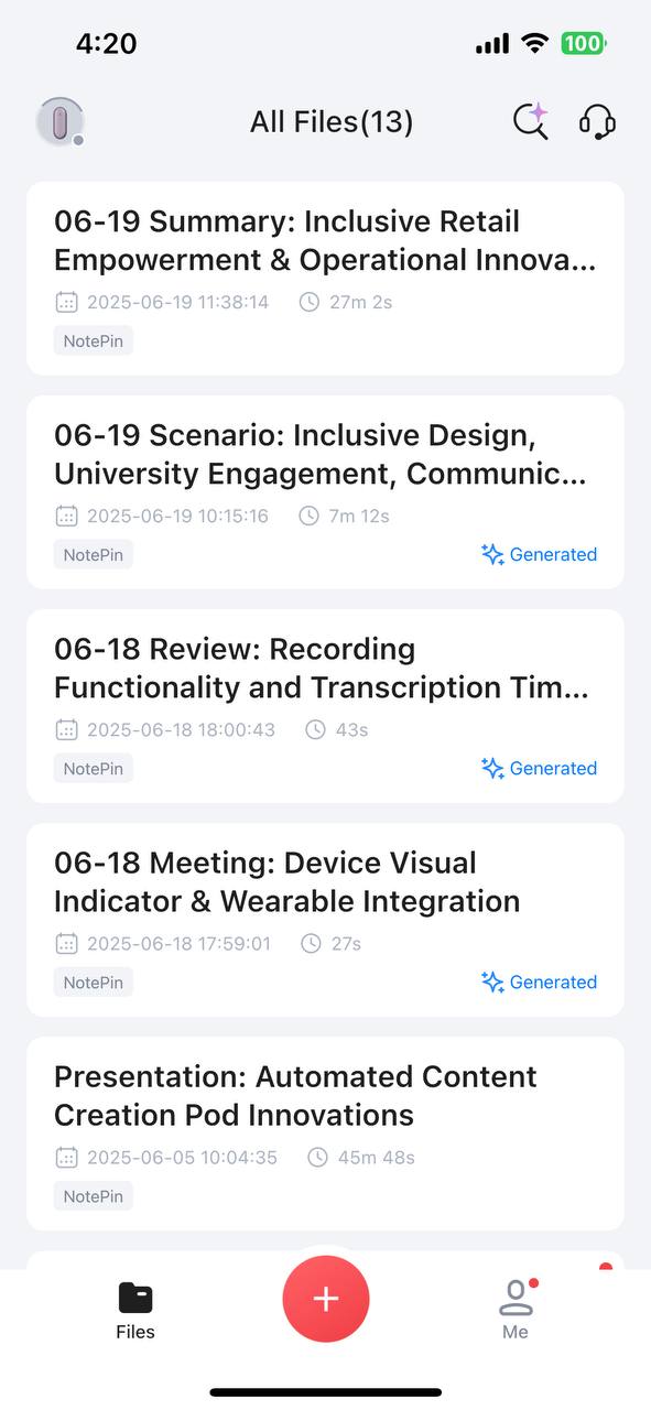 Here's how the app looks like. Once your Plaud NotePin syncs with the app, all your recordings will appear here.