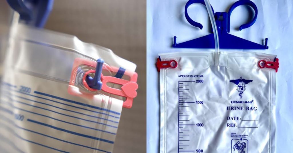 Uroclips, a simple, low-cost clip designed to prevent detachment from urine bags. 