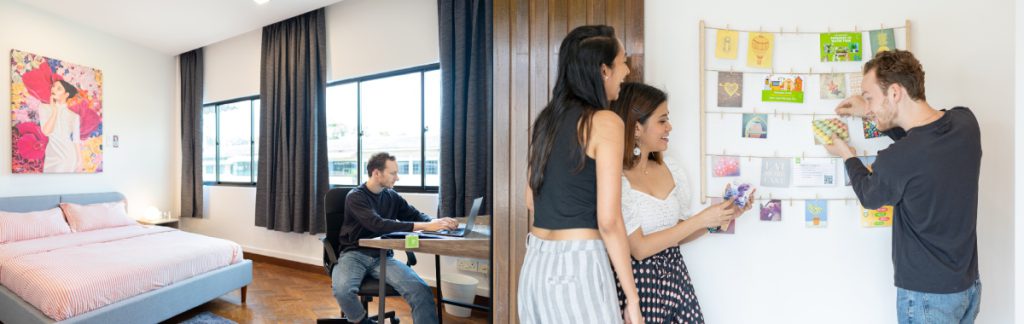 A collage of a tenant in casa mia co-living's apartment, and three tenants doing an activity together.