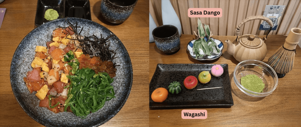 chirashi bowl and desserts I tried at Joya Onsen Cafe 