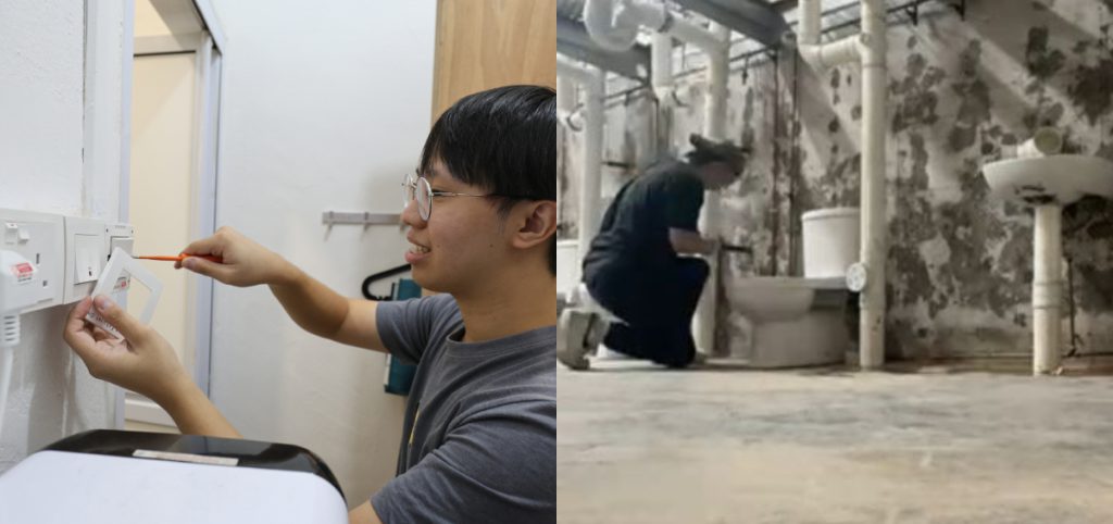 zames chew and yiah chu zheng doing electrical and plumbing work