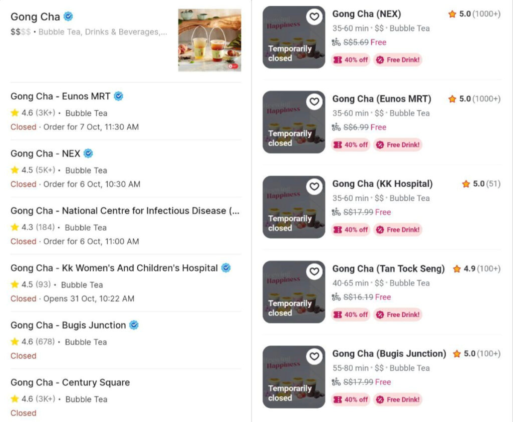 gong cha listings on grabfood and foodpanda 